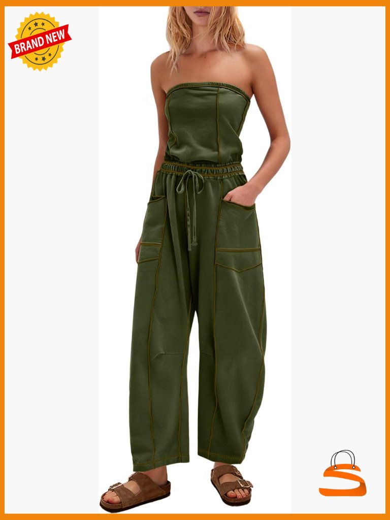 Strapless Jumpsuit Off Shoulder Romper With Pockets Loose Fit Utility Style